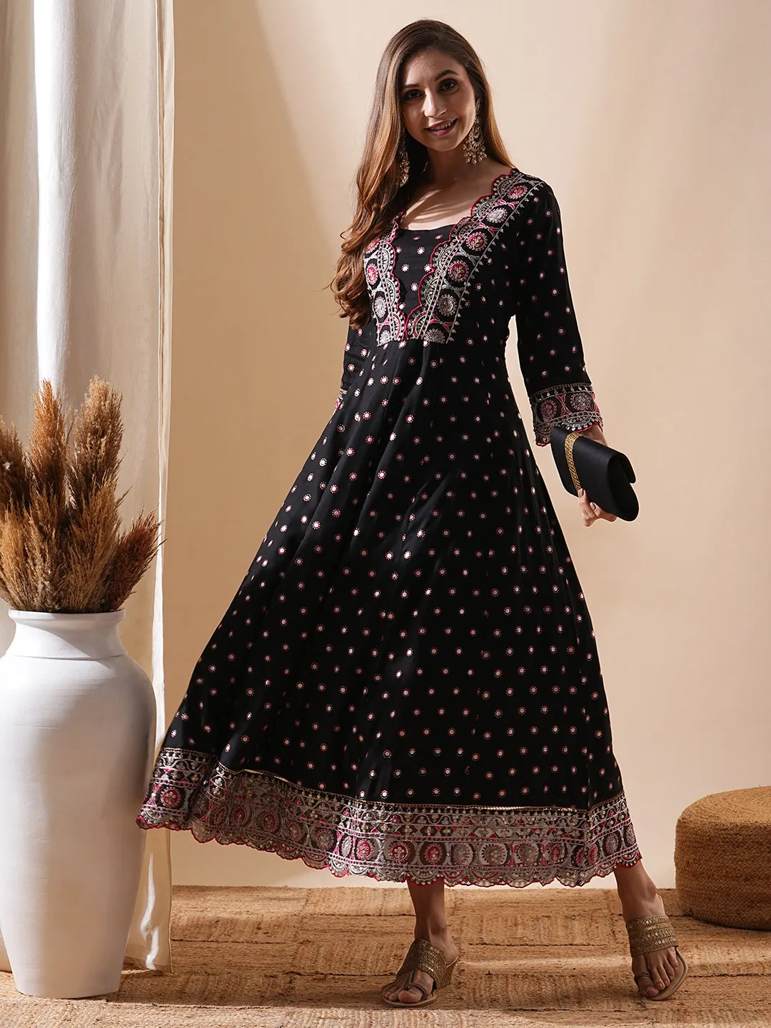 Ethnic Foil Printed & Embroidered A-Line Anarkali Maxi Dress - Black