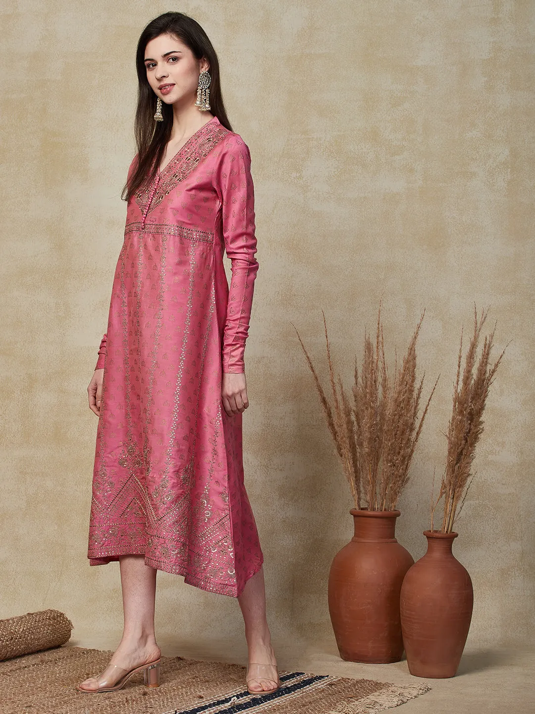 Ethnic Foil Printed & Embroidered A-Line Midi Dress - Pink