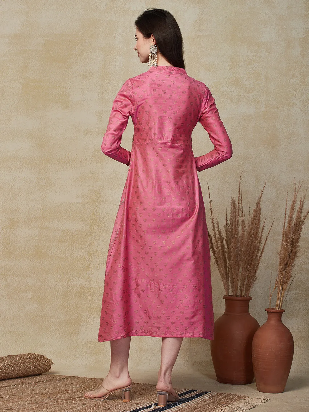 Ethnic Foil Printed & Embroidered A-Line Midi Dress - Pink