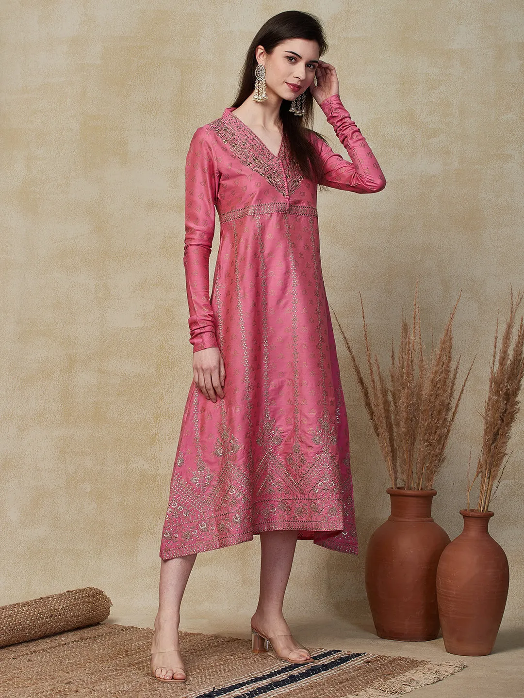 Ethnic Foil Printed & Embroidered A-Line Midi Dress - Pink