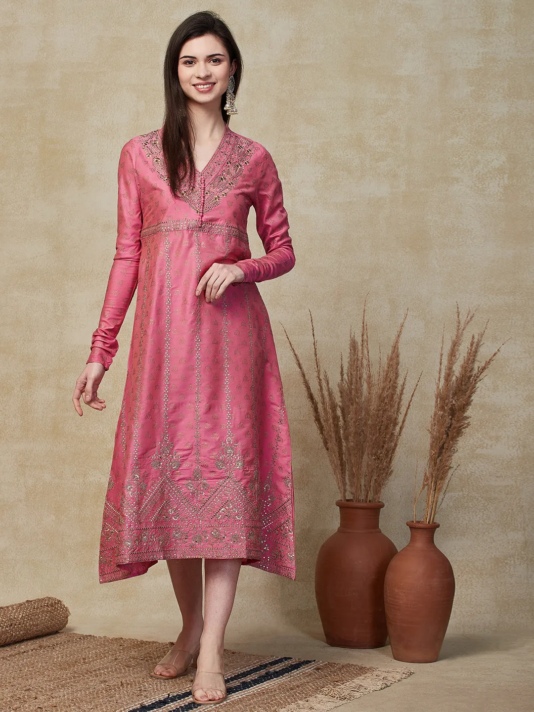 Ethnic Foil Printed & Embroidered A-Line Midi Dress - Pink