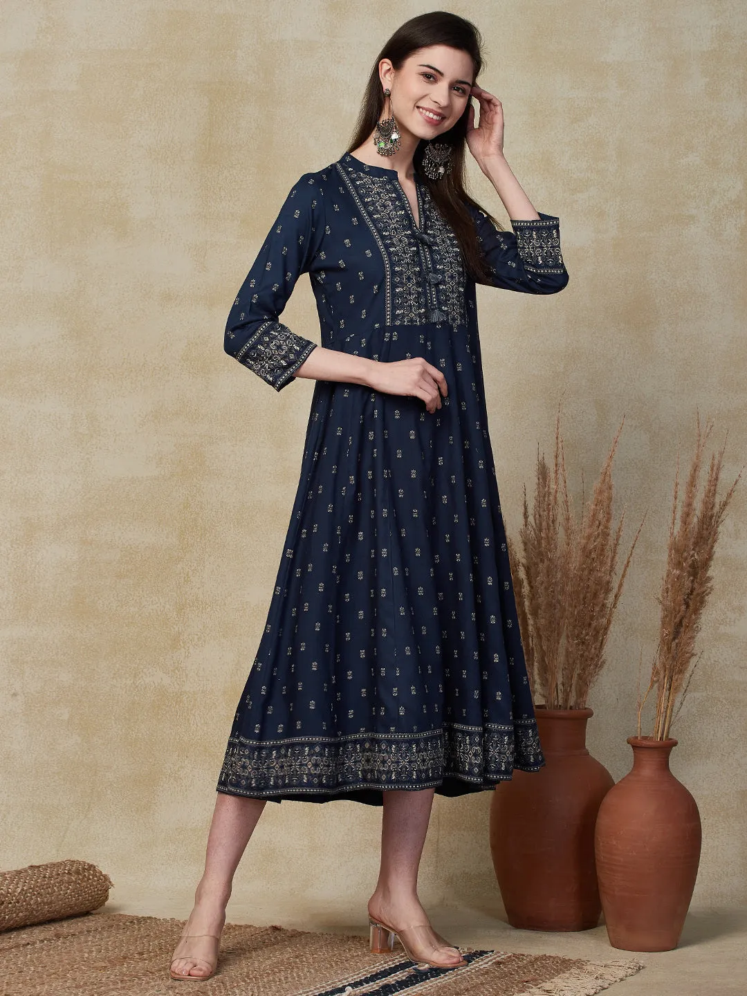 Ethnic Foil Printed Anarkali Flared Midi Dress - Navy Blue