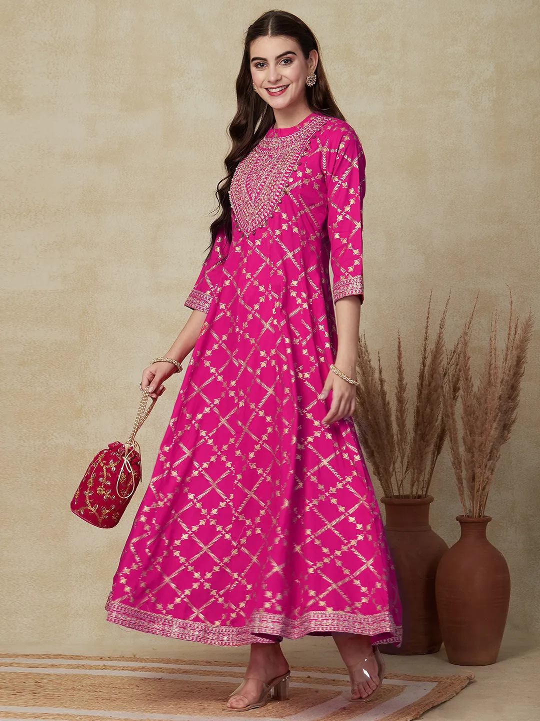 Ethnic Foil Printed Mirror & Zari Embroidered Anarkali Kurta with Pants - Pink