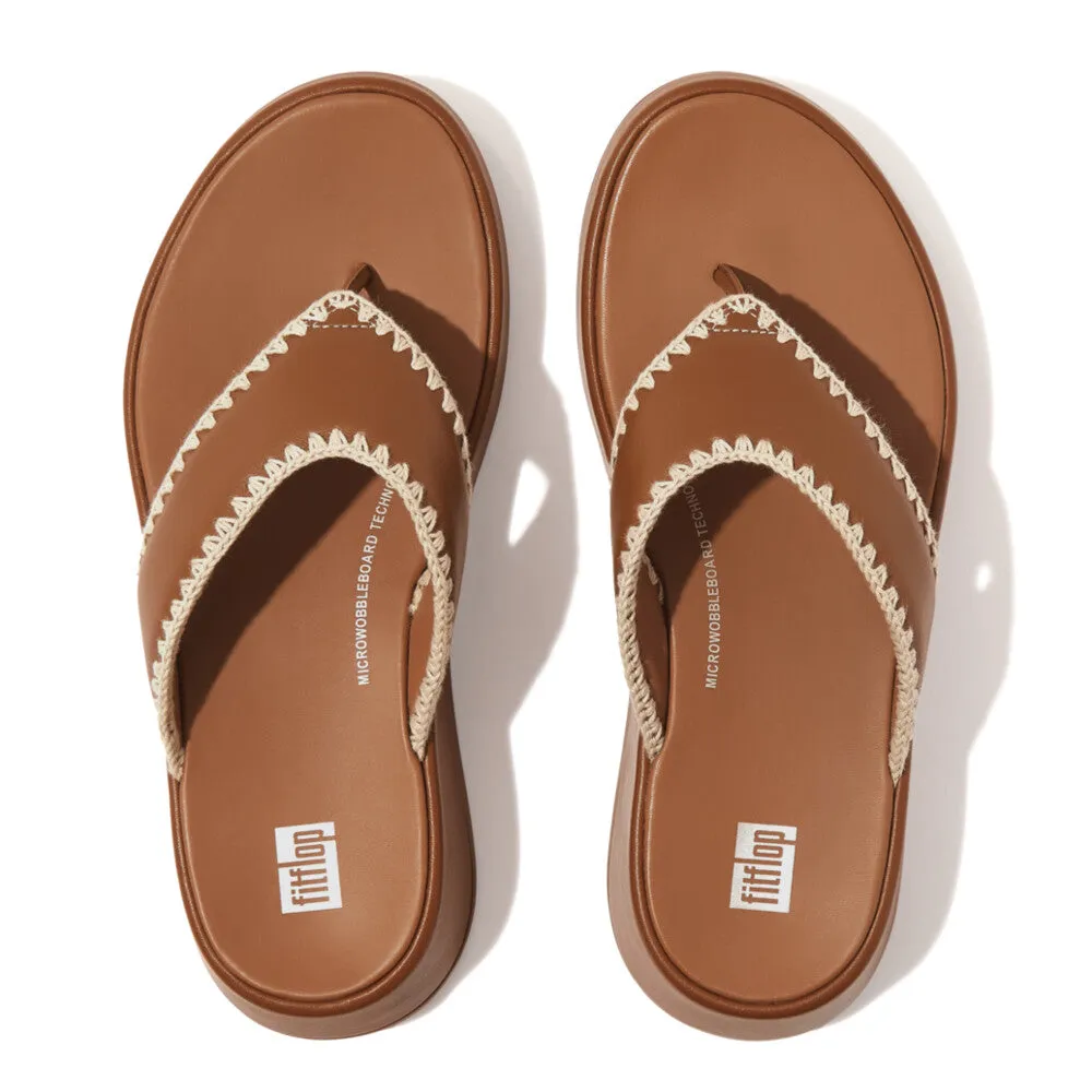 FitFlop F-mode Crochet-Stitch Leather Flatform Toe-Thongs Tan