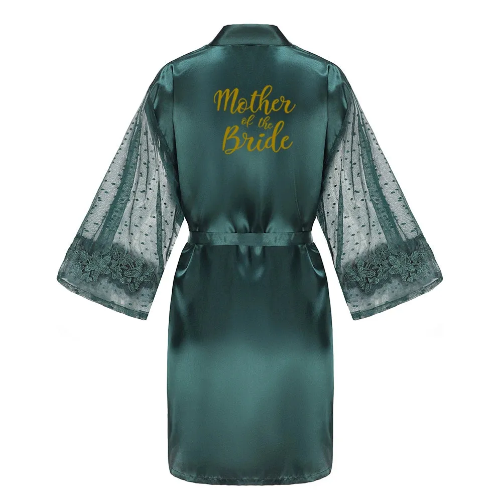 Green Bridesmaid Wedding Party Team Bride Robe With Gold Letters Lace Mesh Sleeve Kimono Satin Pajamas Mother Bathrobe