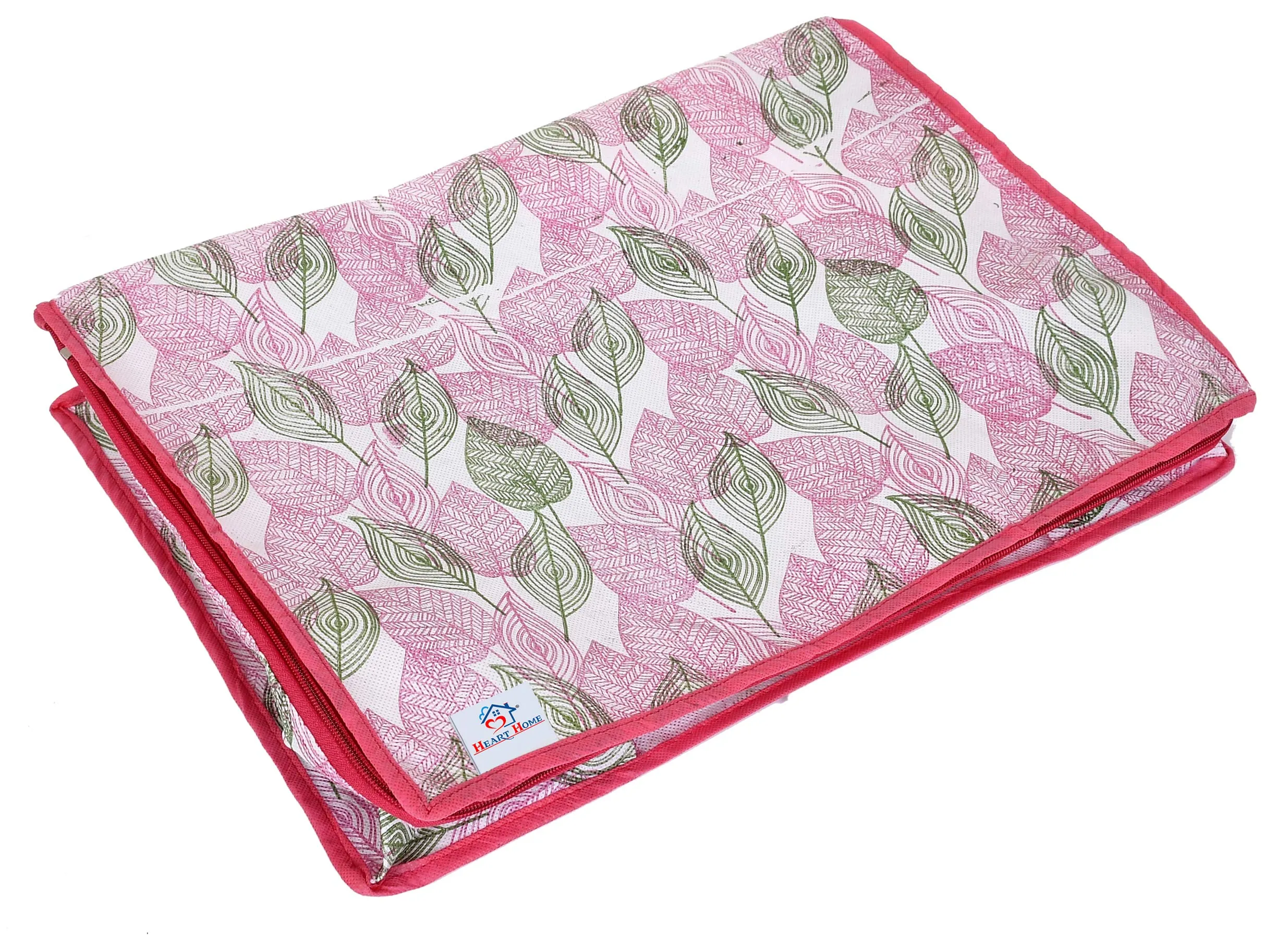 Heart Home Metalic Leafy Print Non Woven 12 Pieces Underbed Storage Bag,Cloth Organiser,Blanket Cover with Transparent Window (Pink)-HHEART16627