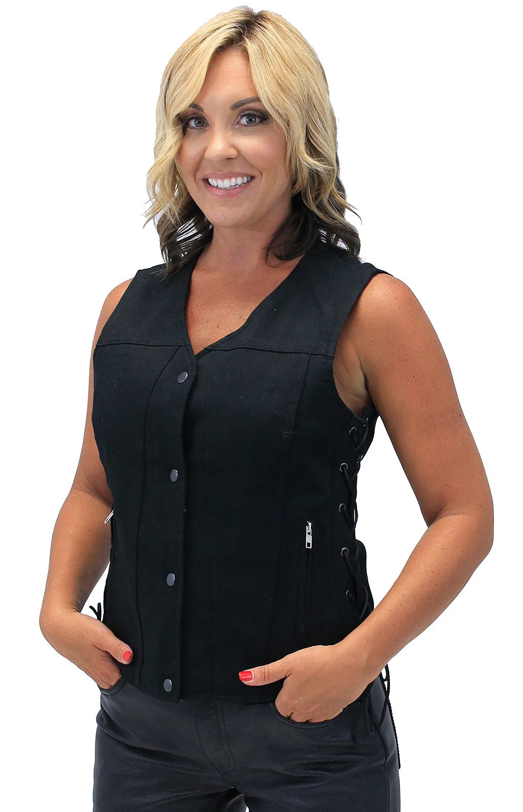 Heavy Denim Women's Side Lace Concealed Pocket Biker Vest #VLC519GLK