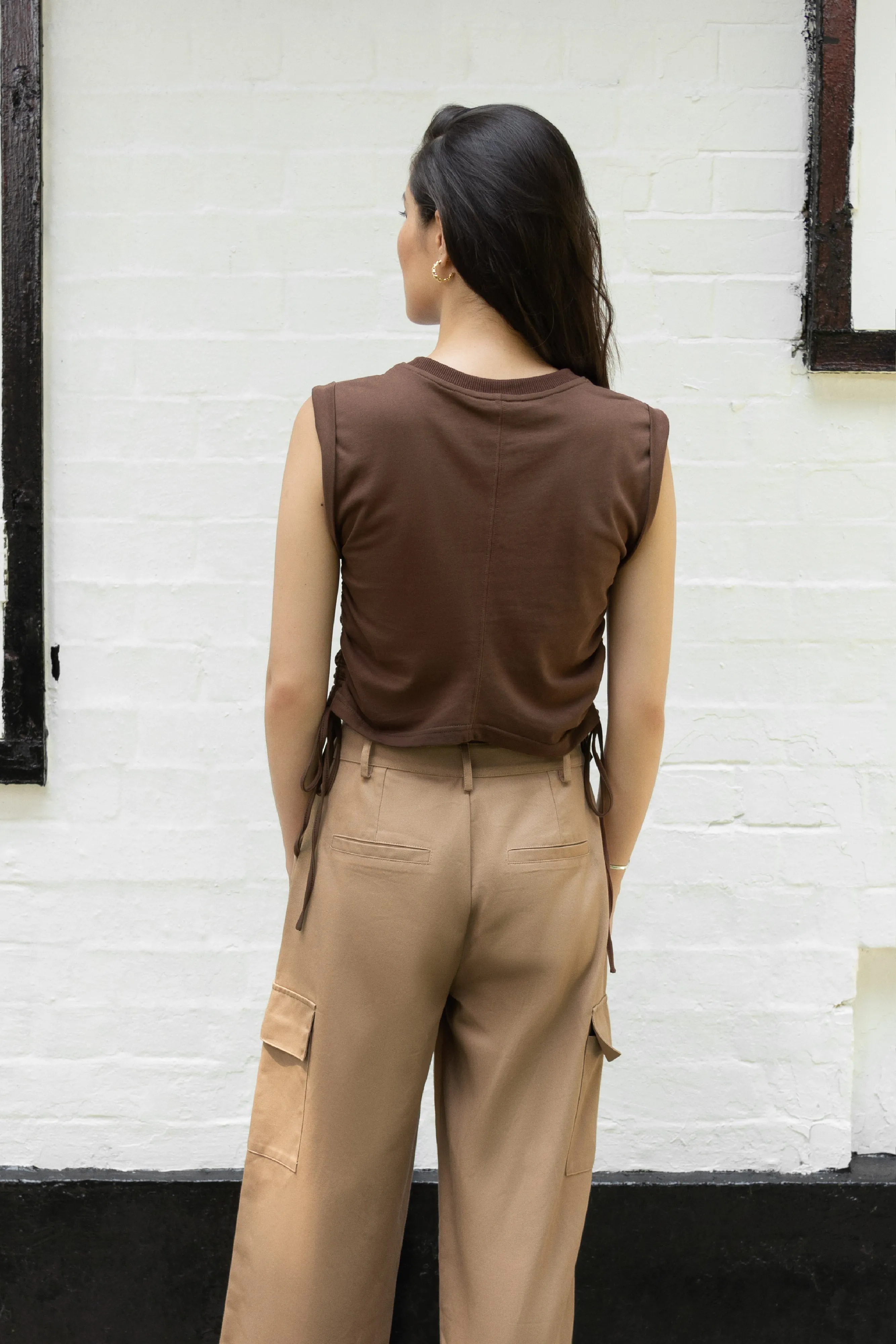 Imogen Drawstring Ruched Side Top in Brown