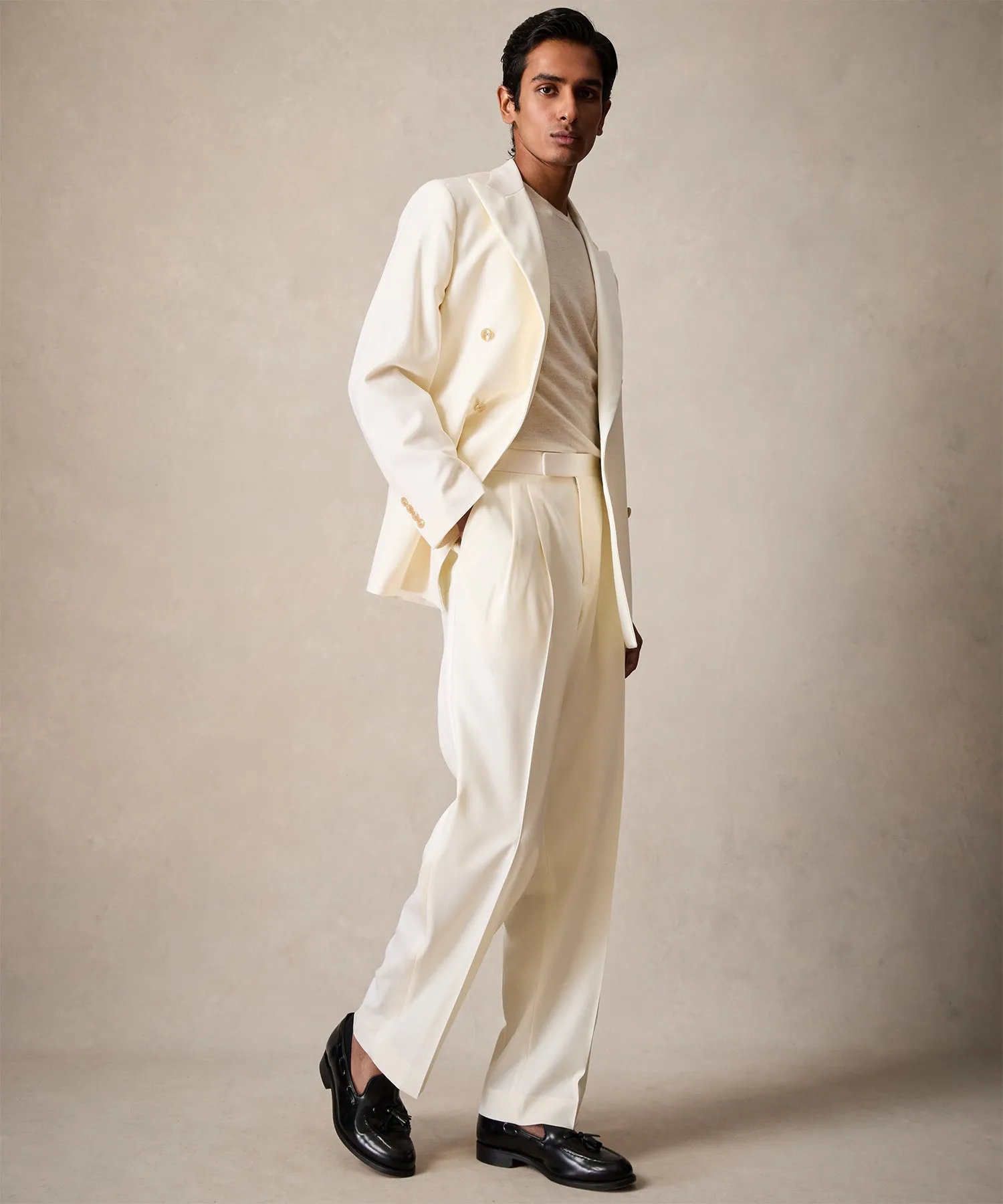 Italian Wool Relaxed Tuxedo Trouser in Ivory