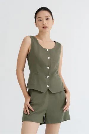 Jane Solid Button Vest Top in Juniper Green