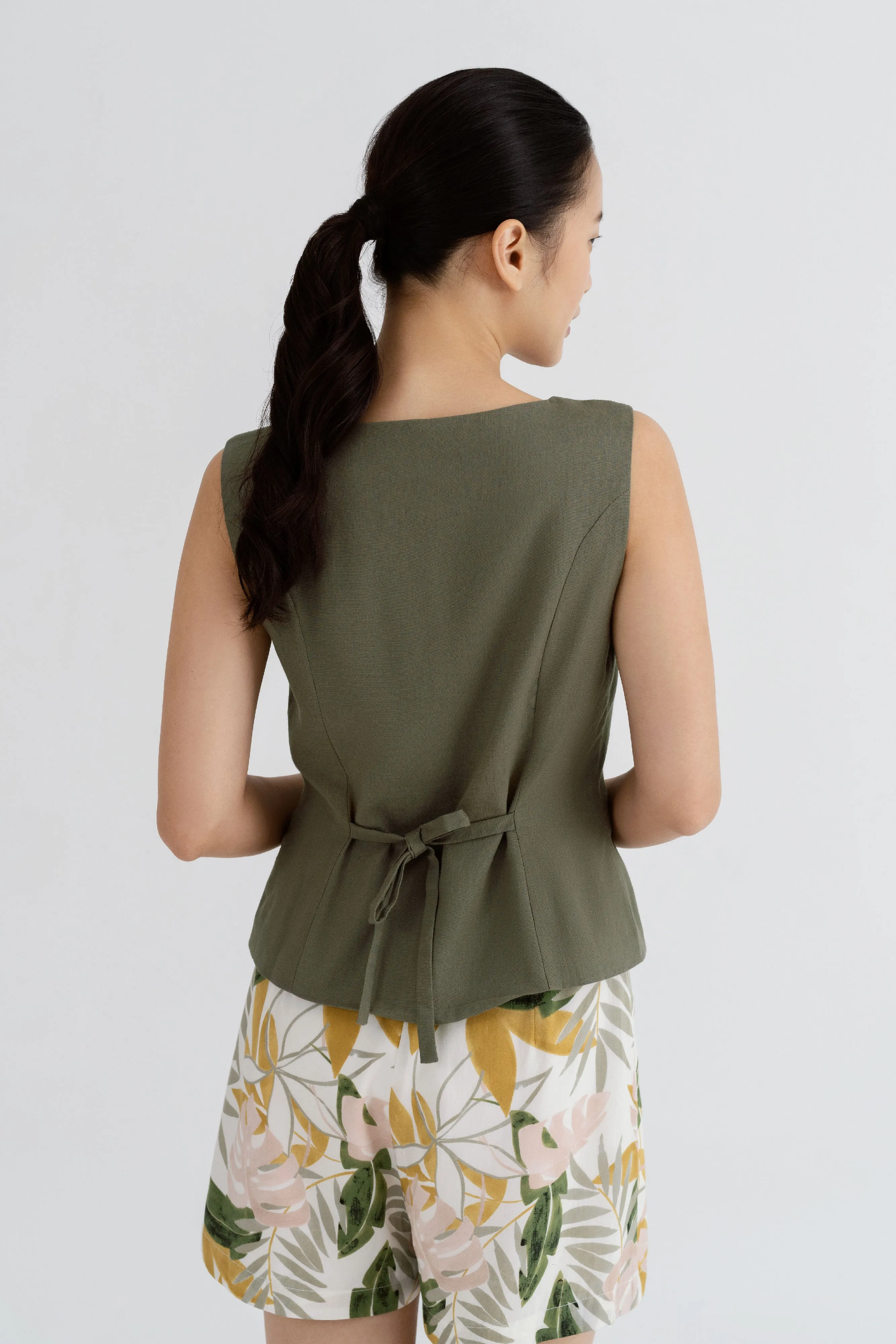 Jane Solid Button Vest Top in Juniper Green