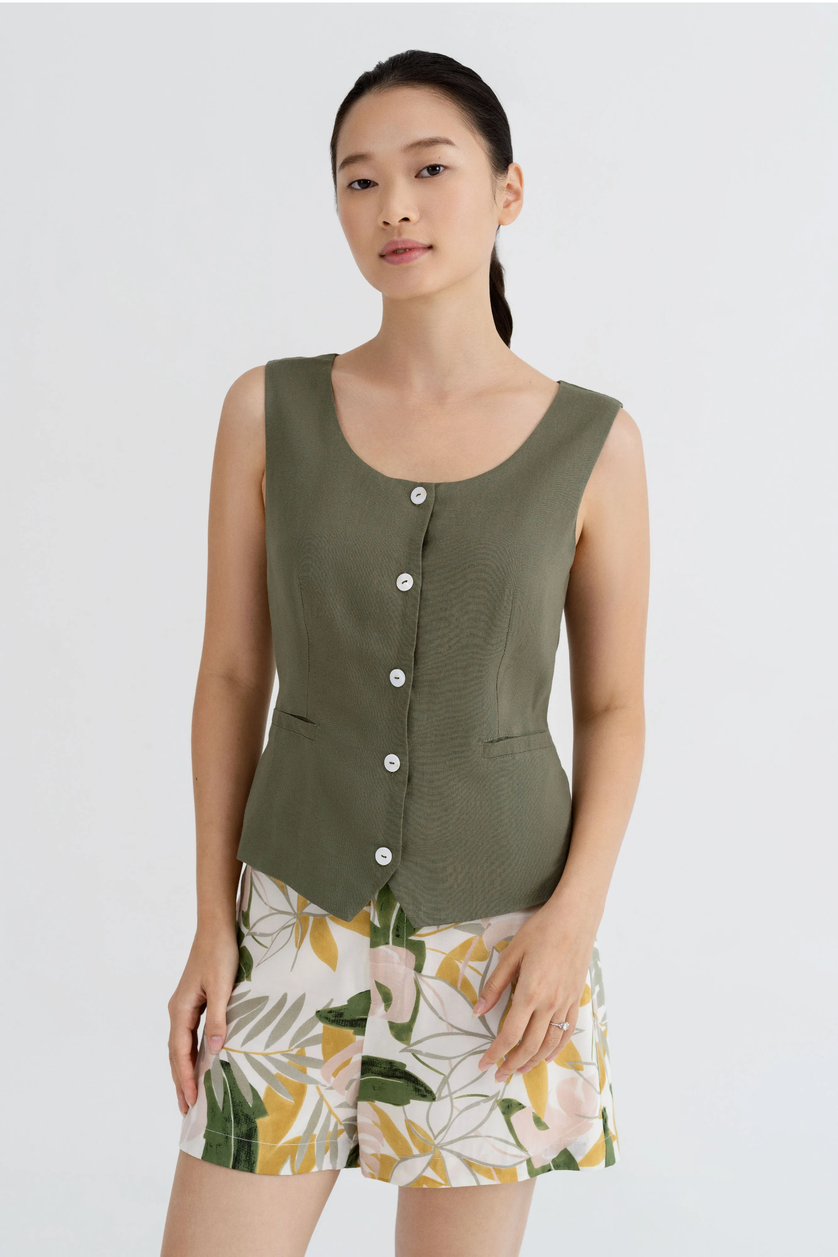 Jane Solid Button Vest Top in Juniper Green