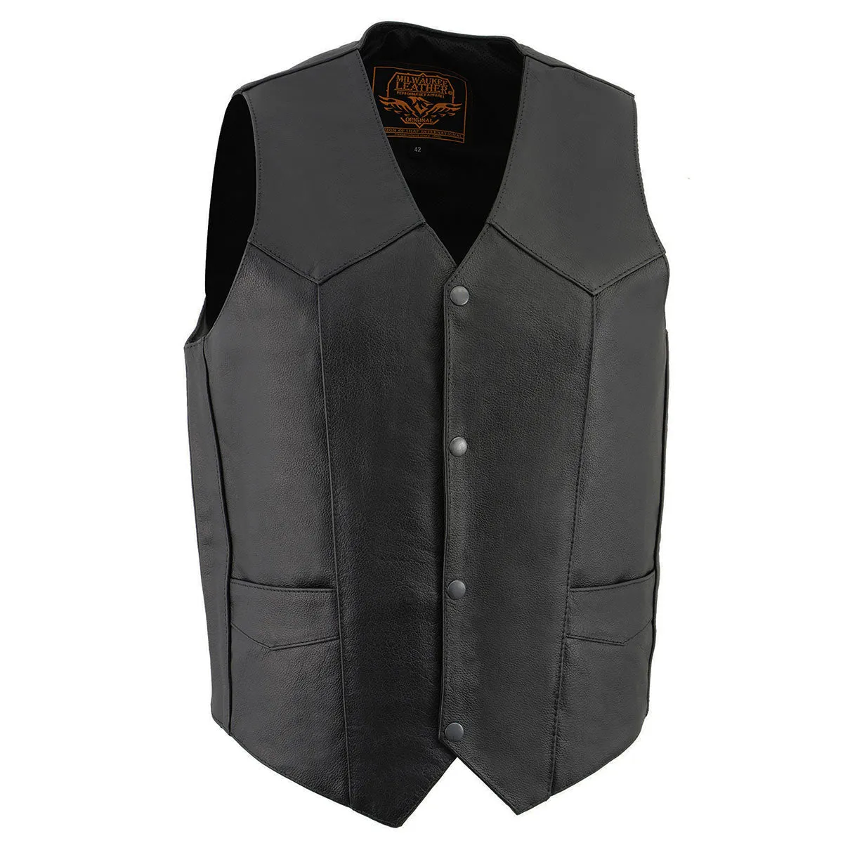 Milwaukee Leather LKM3730 Men's Black Leather Western Style V-Neck Motorcycle Rider Vest with Front Snap Closure