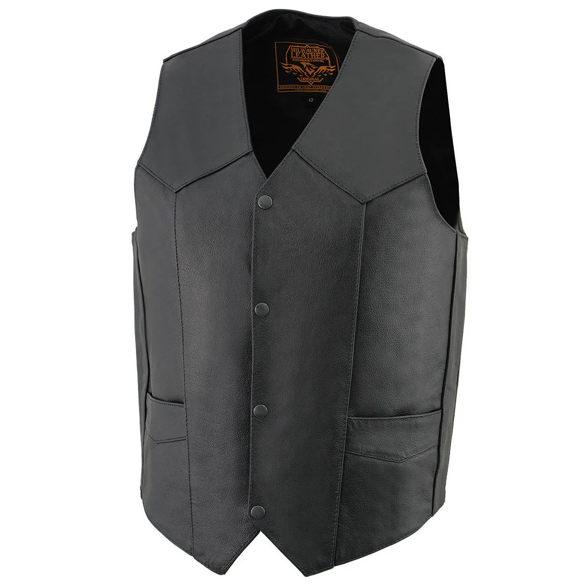 Milwaukee Leather LKM3730 Men's Black Leather Western Style V-Neck Motorcycle Rider Vest with Front Snap Closure