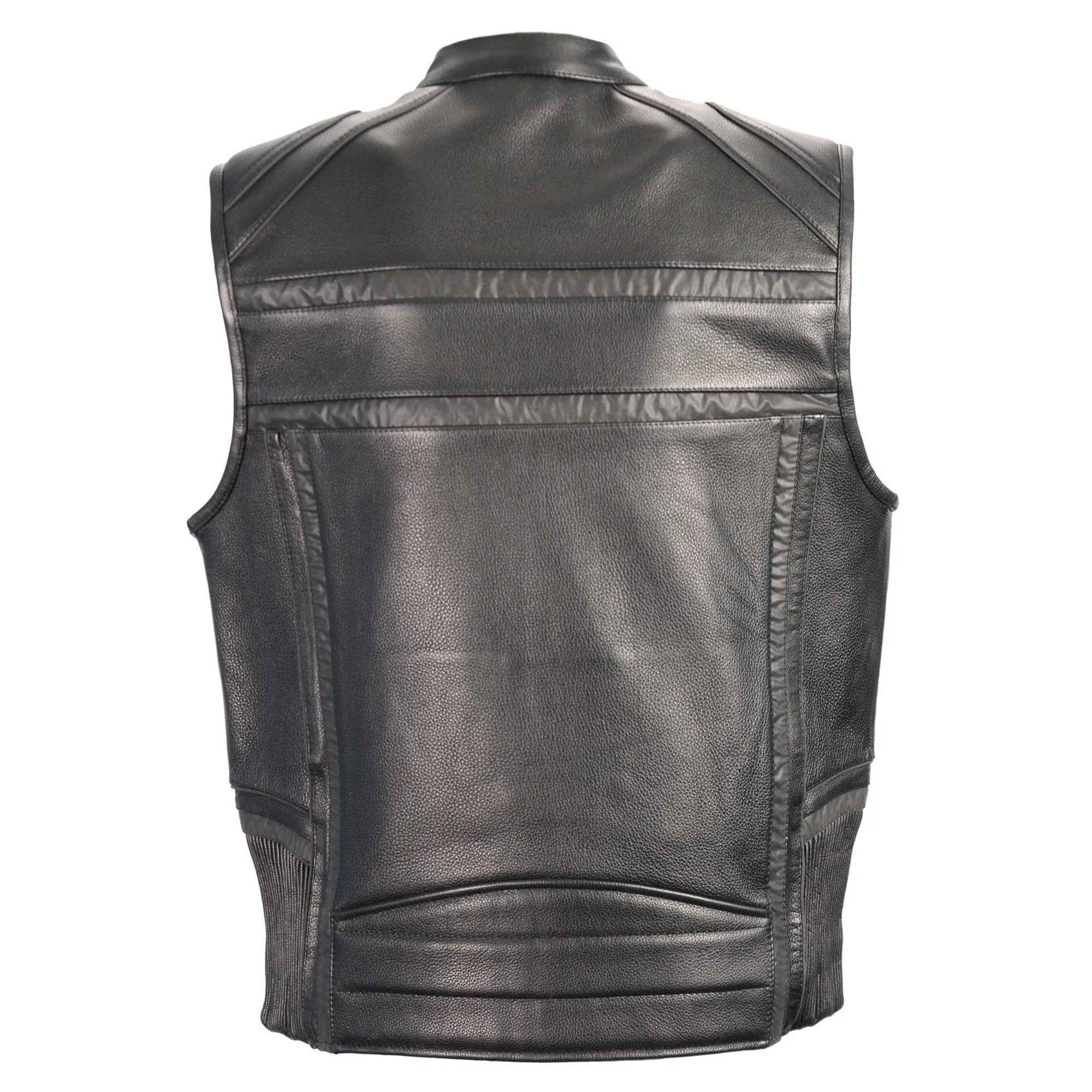 Milwaukee Leather MLM3560 Men's Black Leather Vest - Reflective Piping Elasticized Waist Open Neck Motorcycle Vest