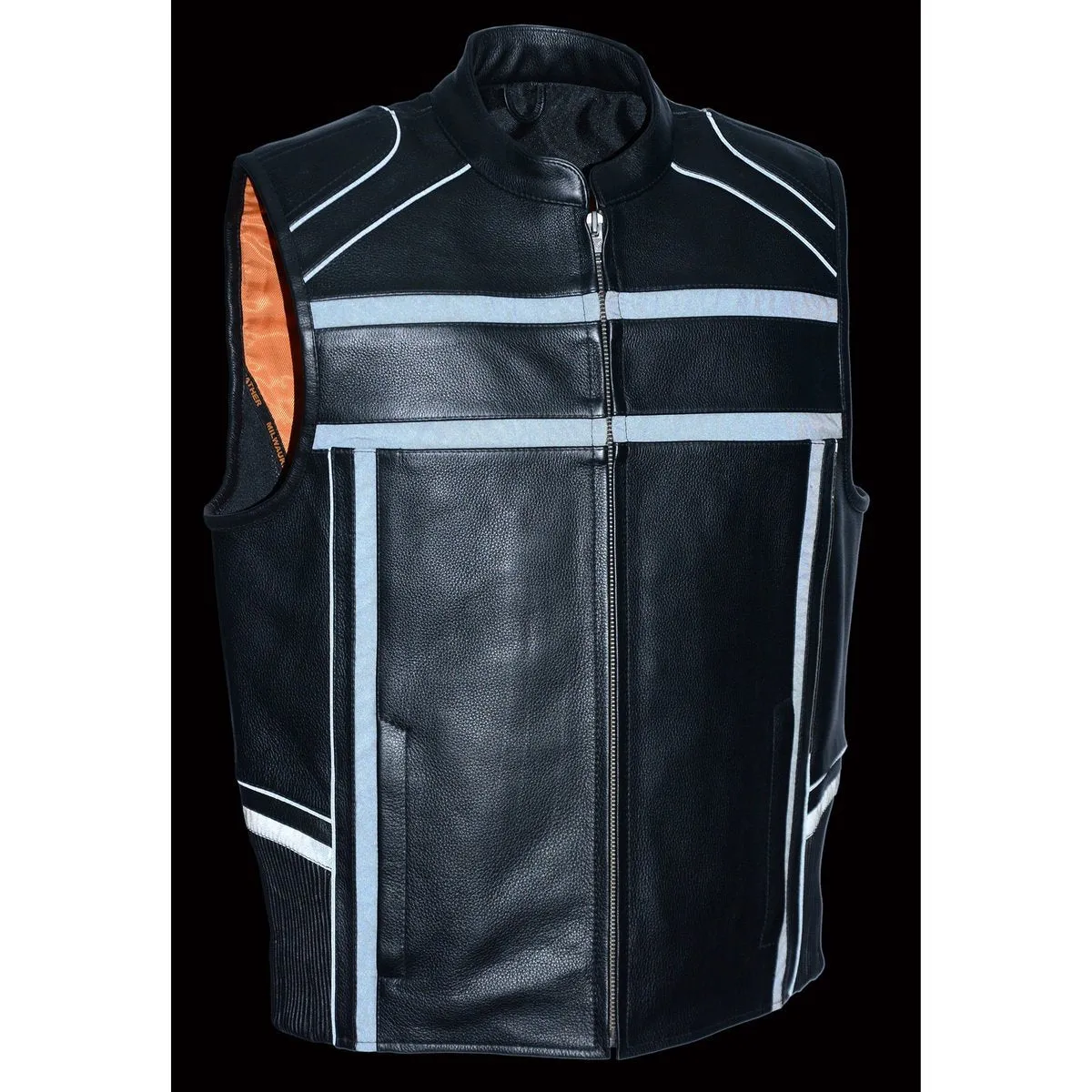 Milwaukee Leather MLM3560 Men's Black Leather Vest - Reflective Piping Elasticized Waist Open Neck Motorcycle Vest