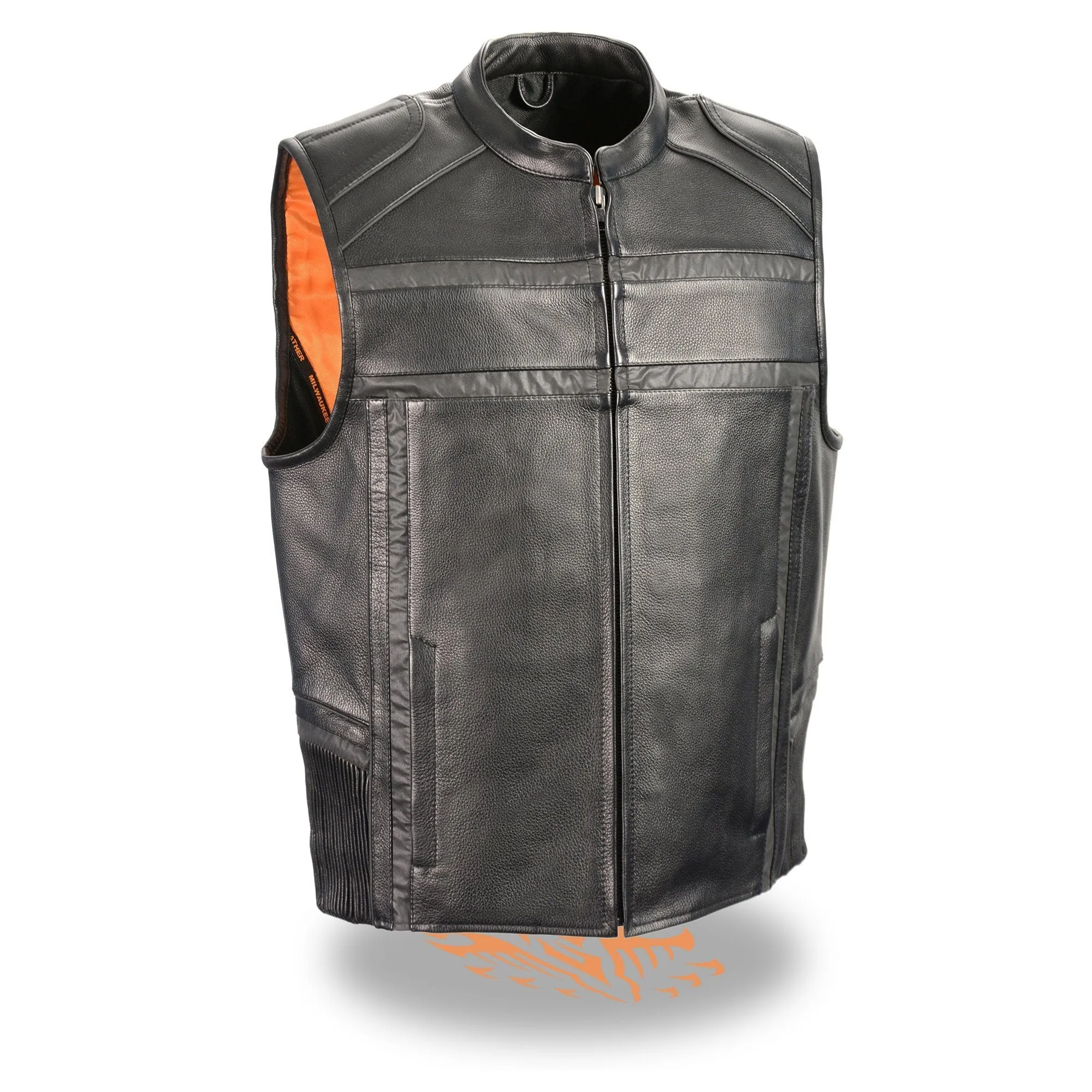 Milwaukee Leather MLM3560 Men's Black Leather Vest - Reflective Piping Elasticized Waist Open Neck Motorcycle Vest