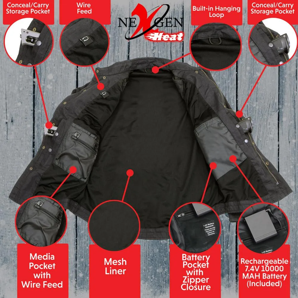 Nexgen Heat NXM1715SET Men's Scorcher Grey Heated Cotton Denim Jacket for Outdoor Activities w/ Battery Pack