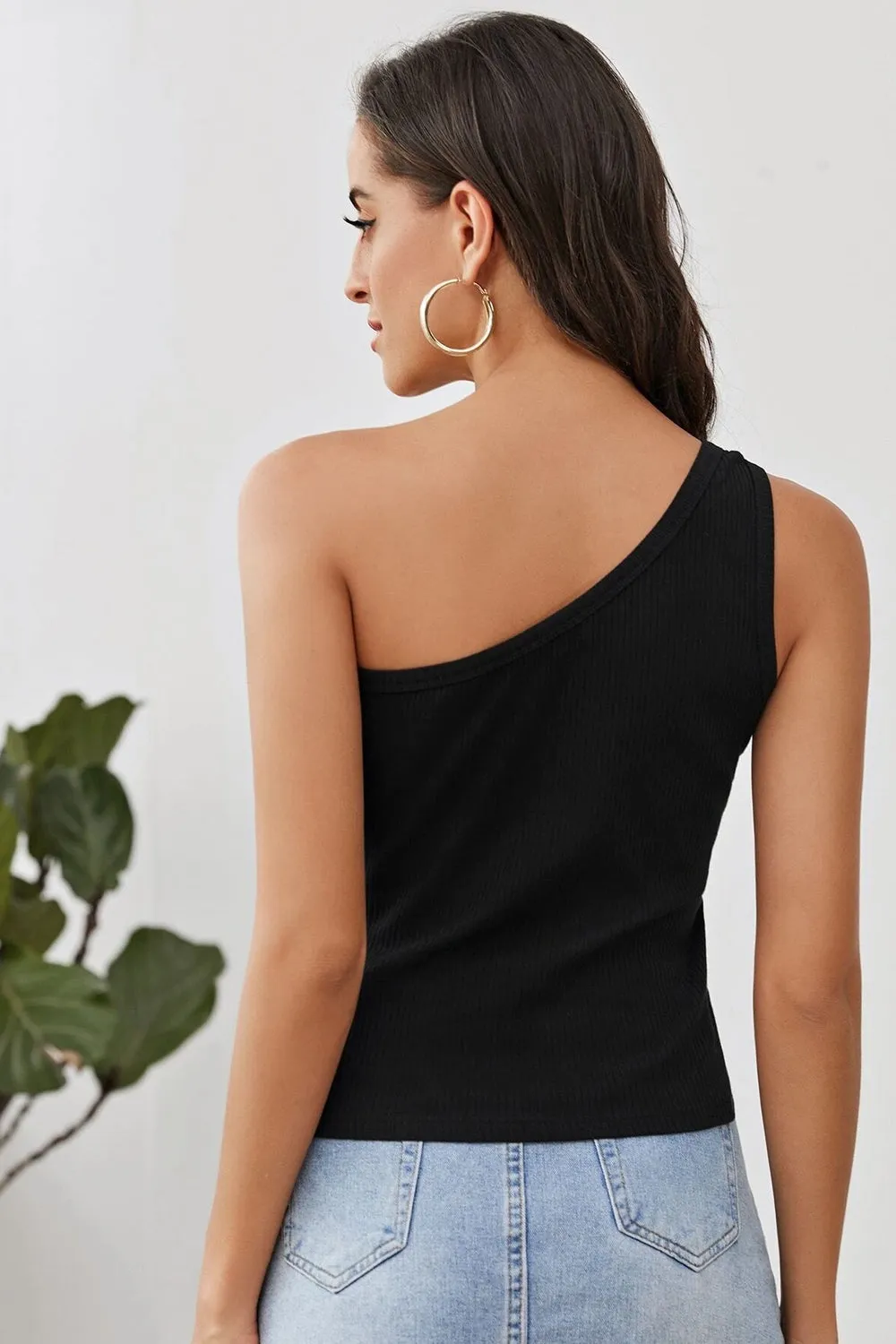 One Shoulder Black Fitted Top