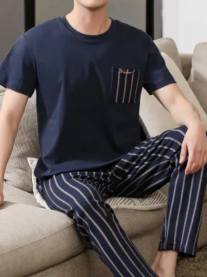 Plus Size 2 Pcs Men's Cotton Short Sleeve & Vertical Stripe Print Trousers Pajama Sets, Comfortable & Skin-friendly Style Pajamas For Men's Cozy Loungewear