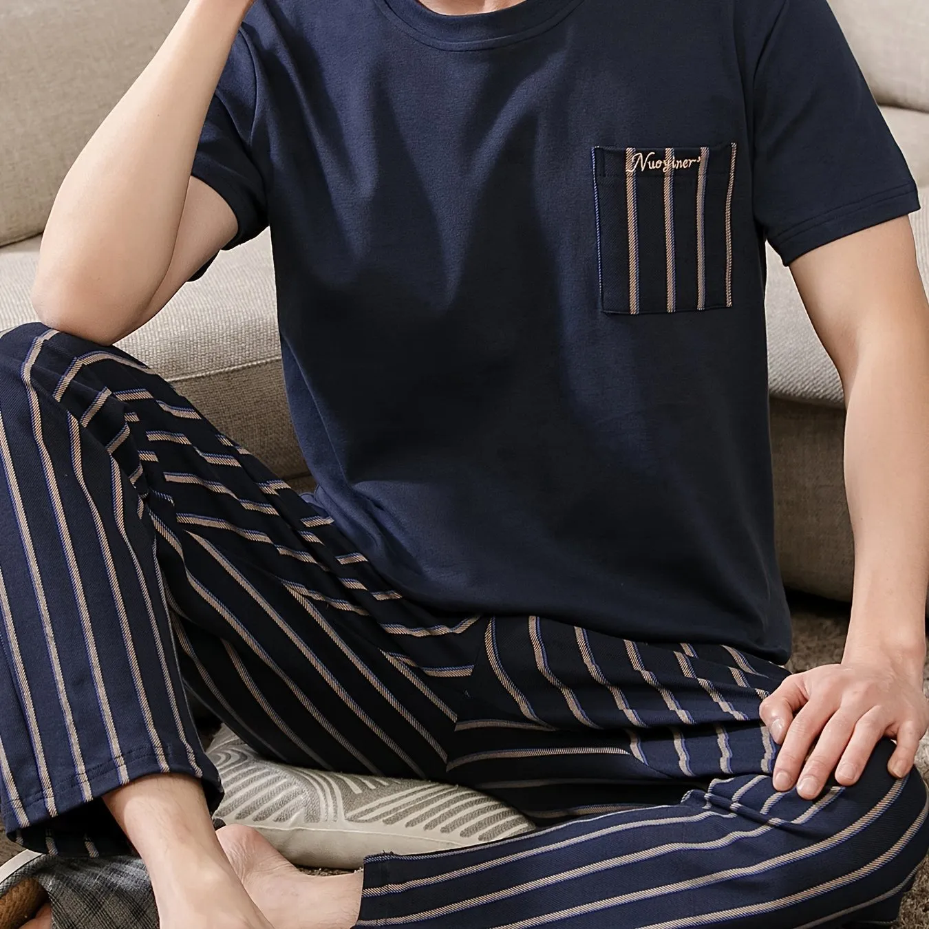 Plus Size 2 Pcs Men's Cotton Short Sleeve & Vertical Stripe Print Trousers Pajama Sets, Comfortable & Skin-friendly Style Pajamas For Men's Cozy Loungewear