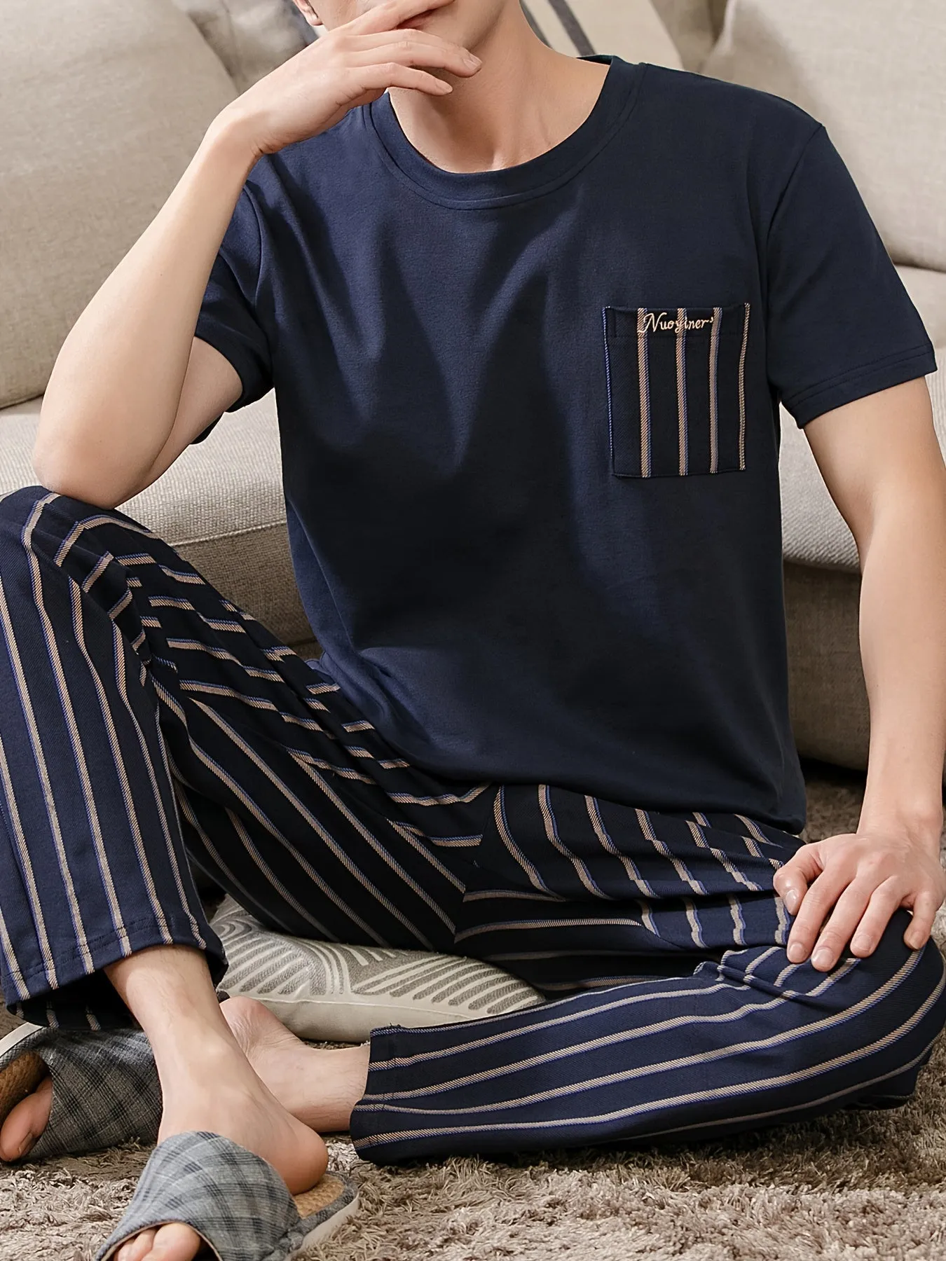 Plus Size 2 Pcs Men's Cotton Short Sleeve & Vertical Stripe Print Trousers Pajama Sets, Comfortable & Skin-friendly Style Pajamas For Men's Cozy Loungewear