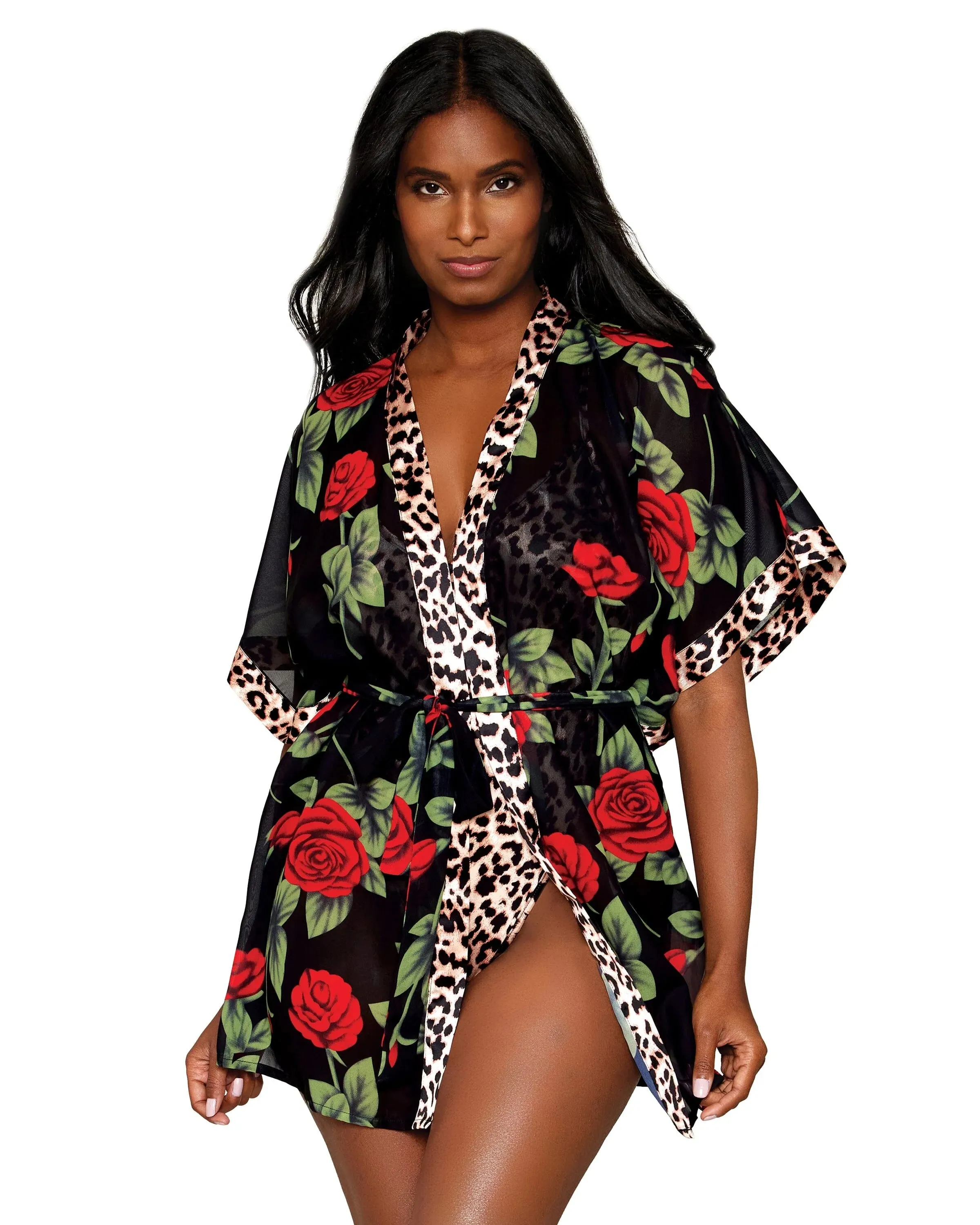 Rose Print Chiffon Robe with Leopard Satin Teddy