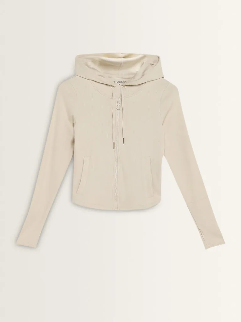 Studiofit Off-White Ribbed Cotton Blend Hooded Jacket