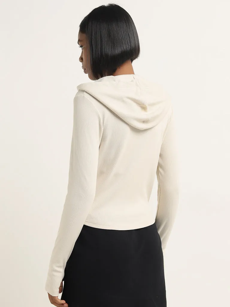 Studiofit Off-White Ribbed Cotton Blend Hooded Jacket