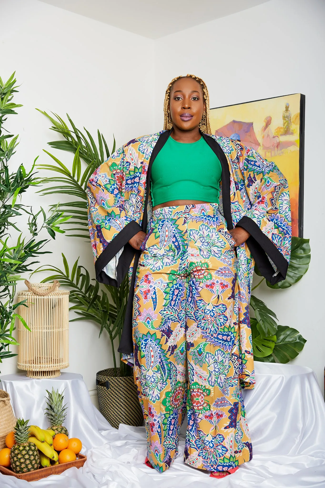 Tropical Mixed Coloured Crepe Print Kimono  (Trouser sold Separately)- Lynette