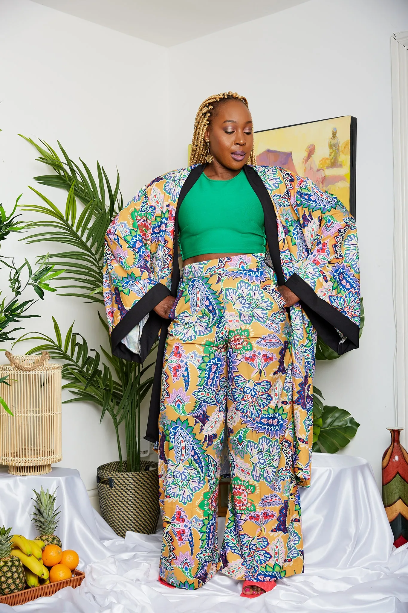 Tropical Mixed Coloured Crepe Print Kimono  (Trouser sold Separately)- Lynette