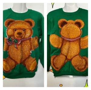 Vintage 80s 90s | Green Glitter Teddy Bear Tacky Ugly Christmas Sweater | Size M