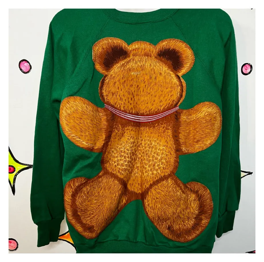 Vintage 80s 90s | Green Glitter Teddy Bear Tacky Ugly Christmas Sweater | Size M