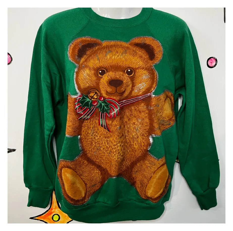 Vintage 80s 90s | Green Glitter Teddy Bear Tacky Ugly Christmas Sweater | Size M