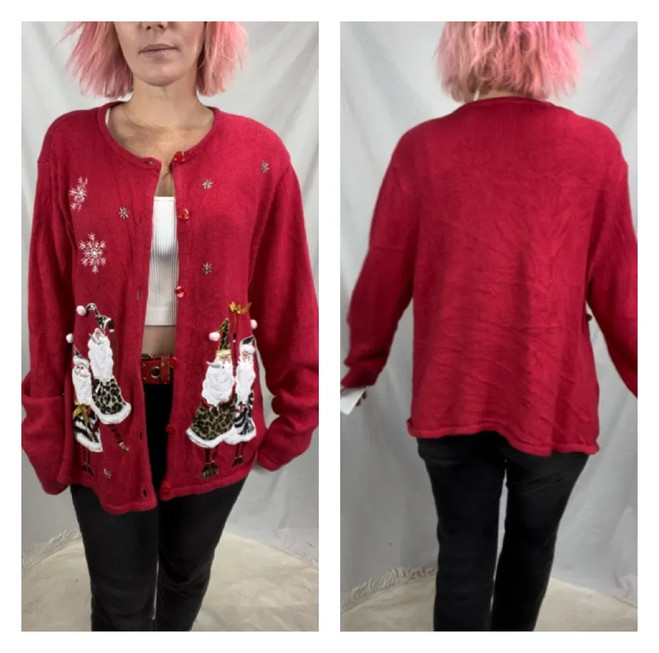 Vintage 80s 90s | Red Santas Snowflakes Tacky Ugly Christmas Sweater Cardigan XL