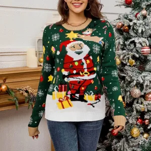 Wenkouban-Christmas Thanksgiving outfits_Led Light Autumn Winter Santa Jacquard Round Neck Retro Casual Christmas Sweater