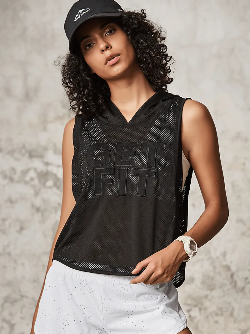 Women's Sports Loose Mesh Breathable Hooded Tank Top - SF1231