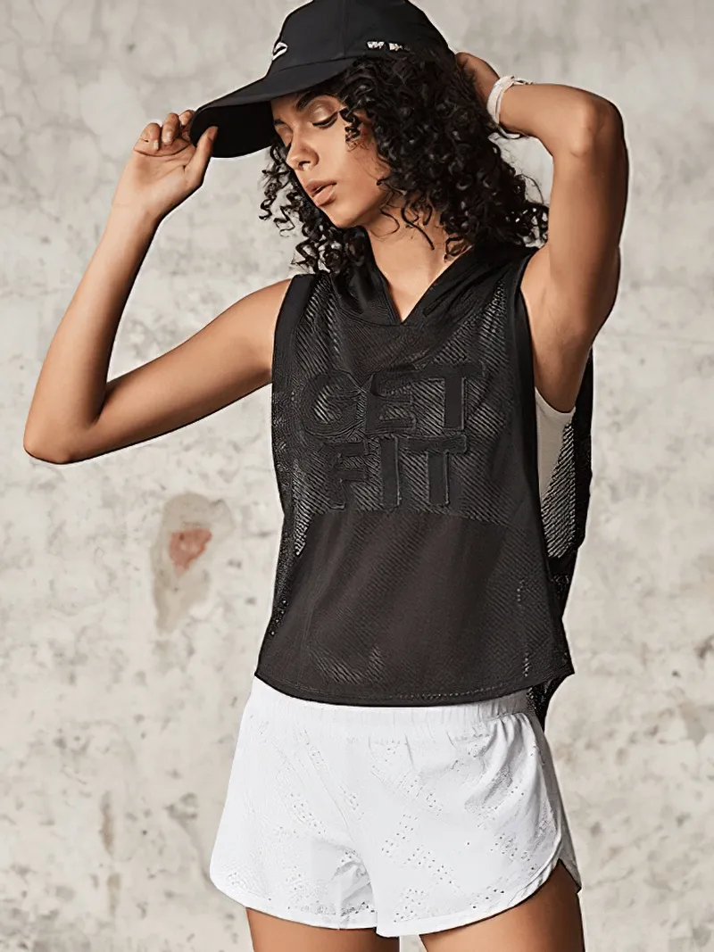 Women's Sports Loose Mesh Breathable Hooded Tank Top - SF1231