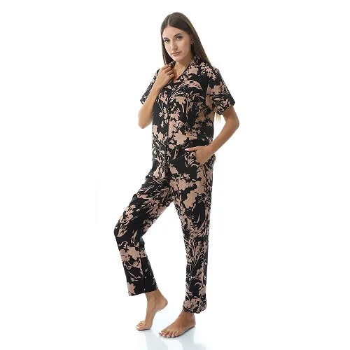 Women's Summer Viscose Classic Elegant Floral Pajamas, Comfortable Sleepwear - Black