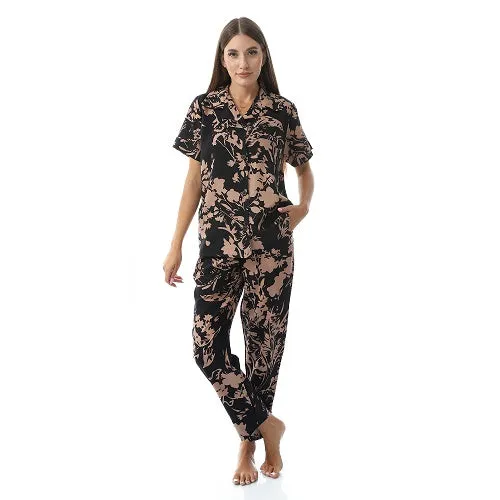 Women's Summer Viscose Classic Elegant Floral Pajamas, Comfortable Sleepwear - Black